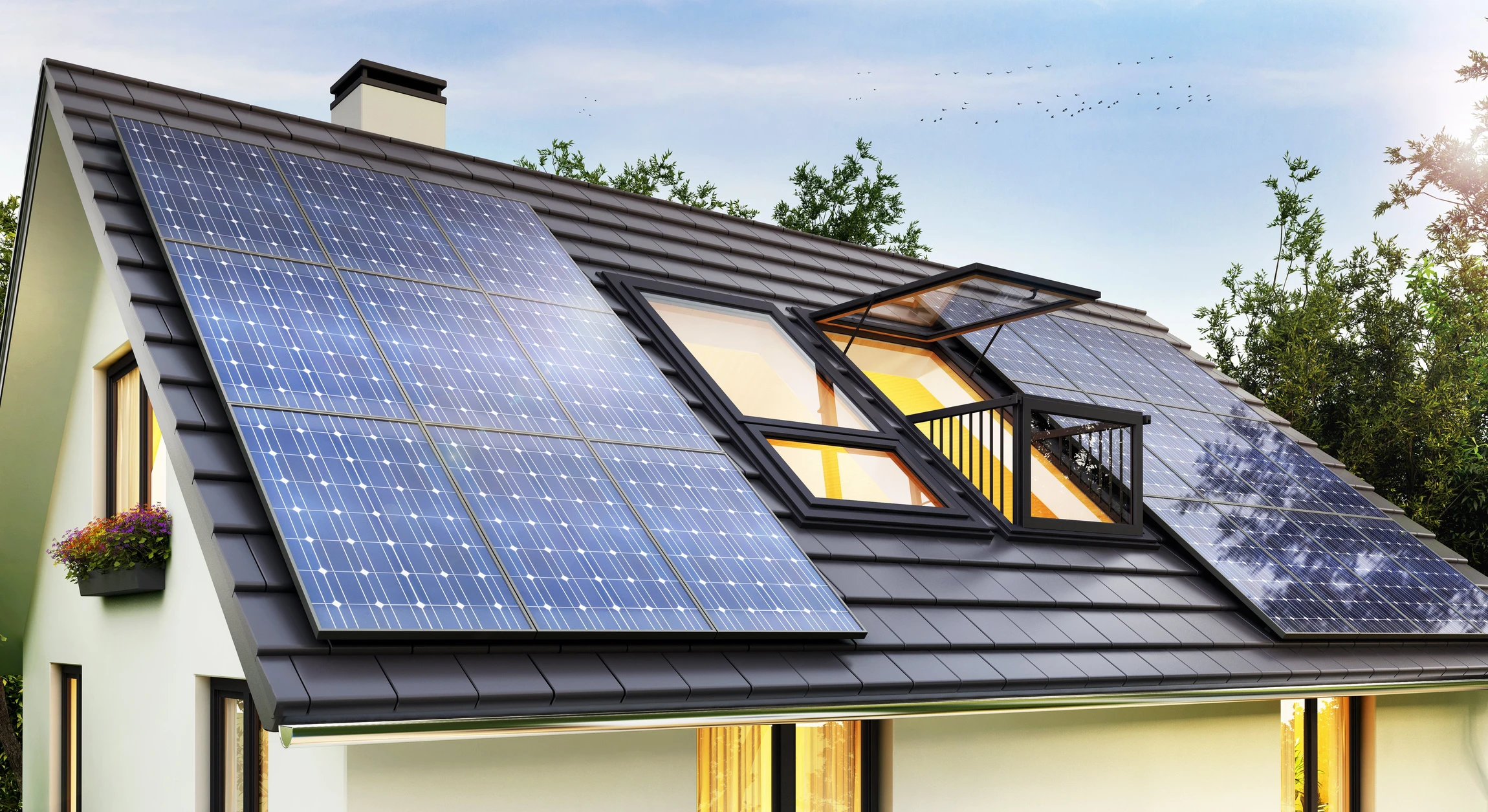 Scène extérieure montrant une toiture résidentielle équipée de panneaux solaires photovoltaïques sous un ciel bleu ensoleillé avec nuages blancs