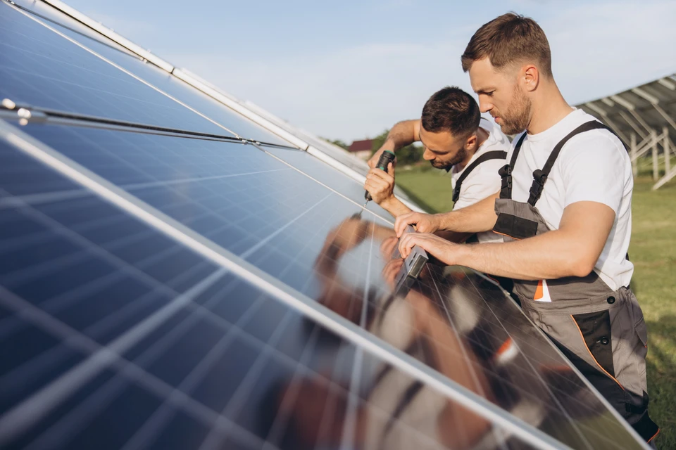 Les techniciens ouvriers travaillent à construire un système de panneaux solaires sur le toit